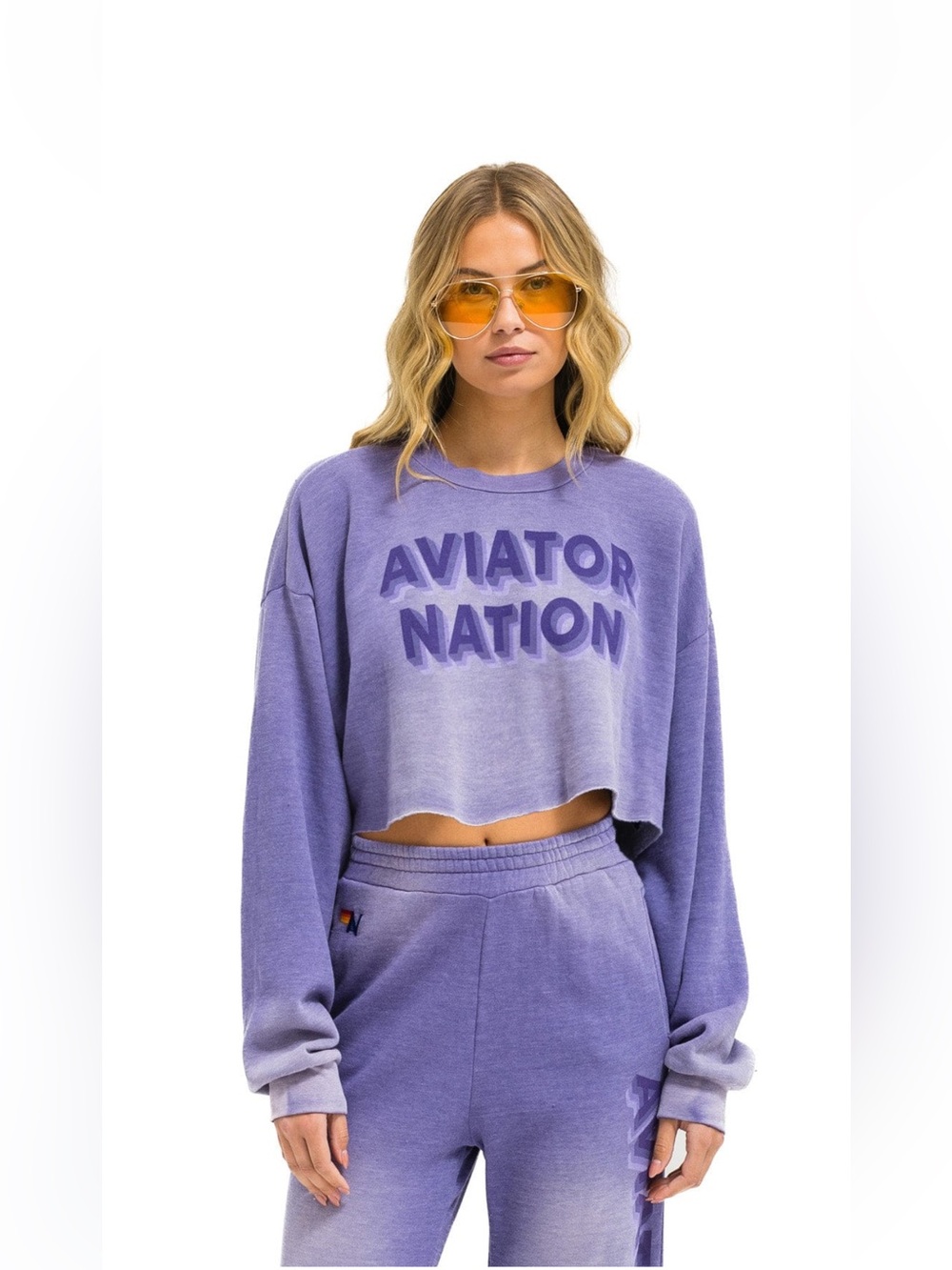 Aviator Nation 3D Cropped Crew Sweatshirt Relaxed - Faded Grape - Size X-Small